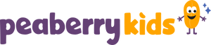 Peaberry Kids logo featuring the brand name in playful purple and orange text with a smiling yellow character resembling a coffee bean with sparkles.